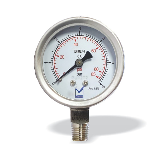 Madeco SS316L Pressure Gauge -1~0 bar, Model: PU14B2, Dial: 100mm, Conn: 1/2 NPT Male-back