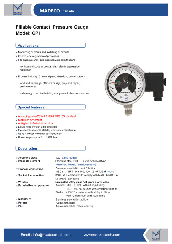 گیج کنتاکتدار و سوئیچ فشار قابل شارژ مدکو کانادا CP14T2، سایز ۱۰۰ (رنج ۰ تا ۱۰۰ بار)