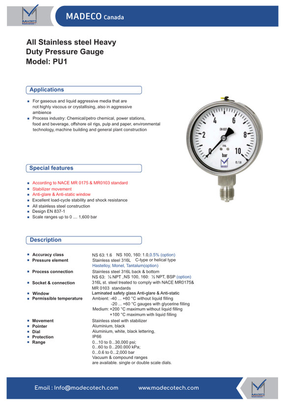 گیج فشار تمام استیل مدکو ۰ تا ۶۰۰ بار، مدل PU12B2، صفحه ۶۰ میلیمتر، اتصال ۱/۴ NPT پشت