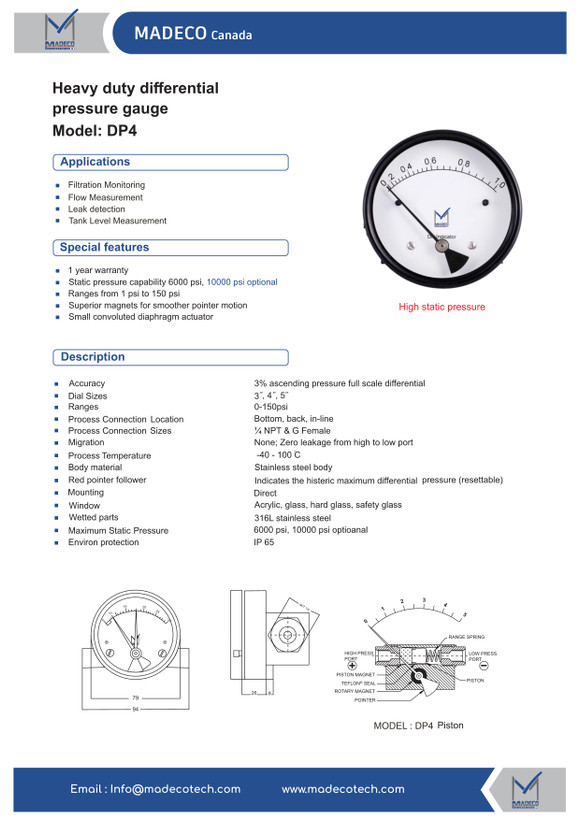 گیج اختلاف فشار پرکار (Heavy Duty) مدکو کانادا DP4L2W، سایز ۸۰ میلیمتر (رنج ۱ تا ۱۵۰ PSI)