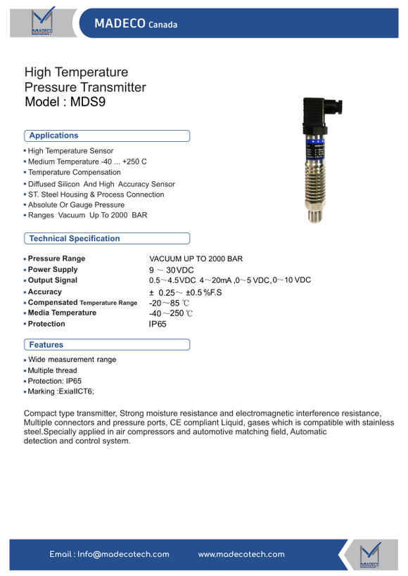 ترانسمیتر فشار دمای بالا مدکو کانادا MDS9، خروجی 4-20mA (رنج ۰ تا ۲۵۰ بار)
