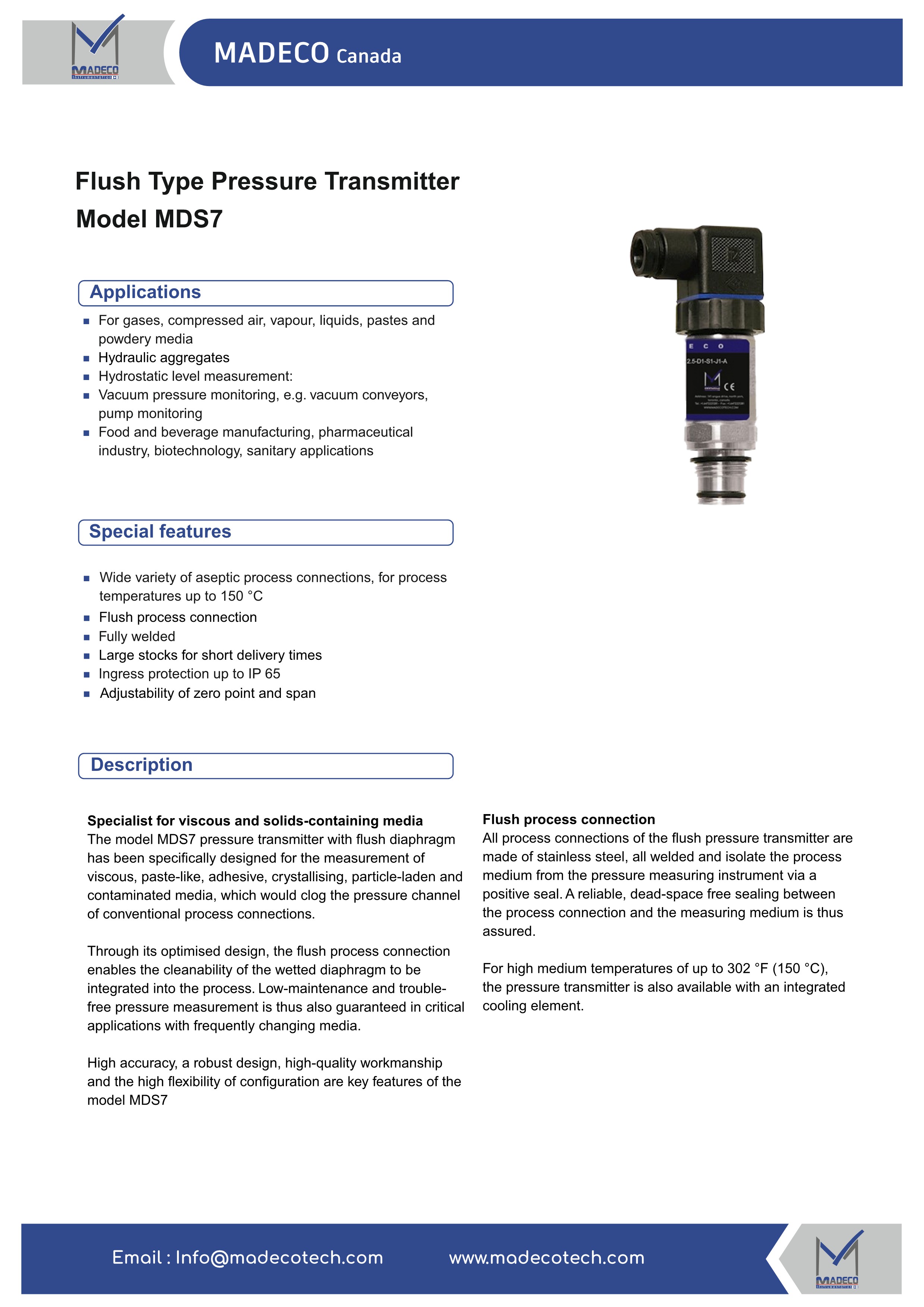 ترانسمیتر فشار دیافراگمی فلاش دمای بالا مدکو کانادا MDS7، خروجی 4-20mA (رنج ۰ تا ۱۶ بار)