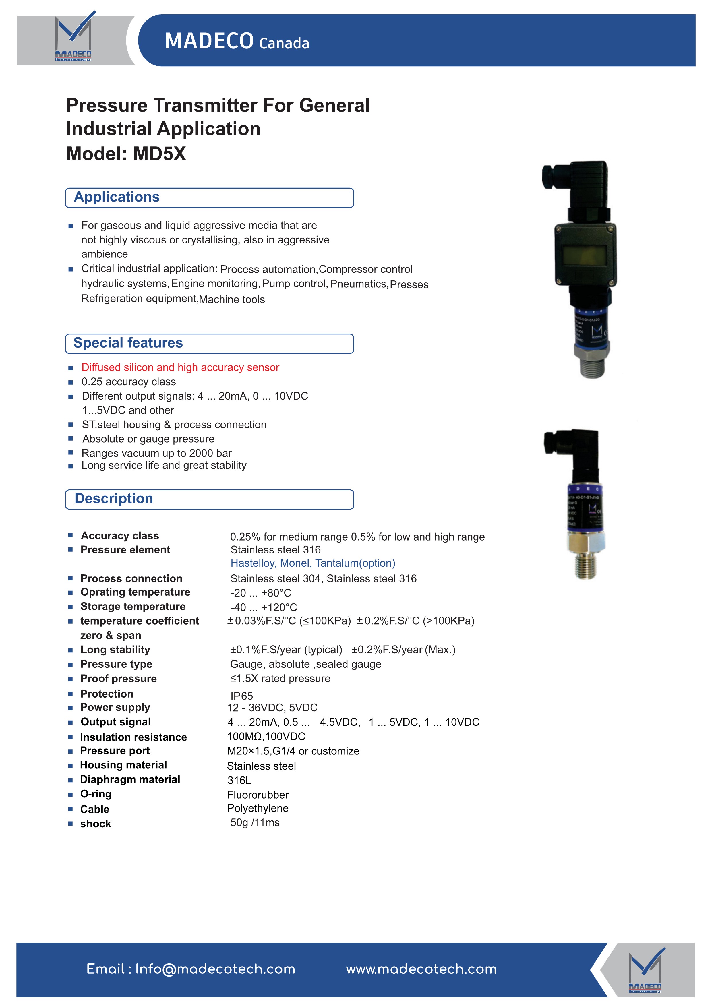 ترانسمیتر فشار مدکو کانادا MD5X، خروجی 4-20mA (رنج ۰ تا ۶۰ بار)