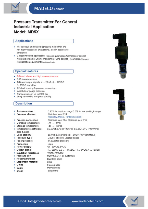 ترانسمیتر فشار مدکو کانادا MD5X، خروجی 4-20mA (رنج ۰ تا ۱۰۰ بار)