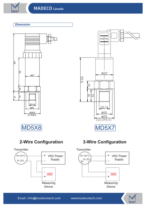 ترانسمیتر فشار مدکو کانادا MD5X، خروجی 4-20mA (رنج ۰ تا ۱۶ بار)